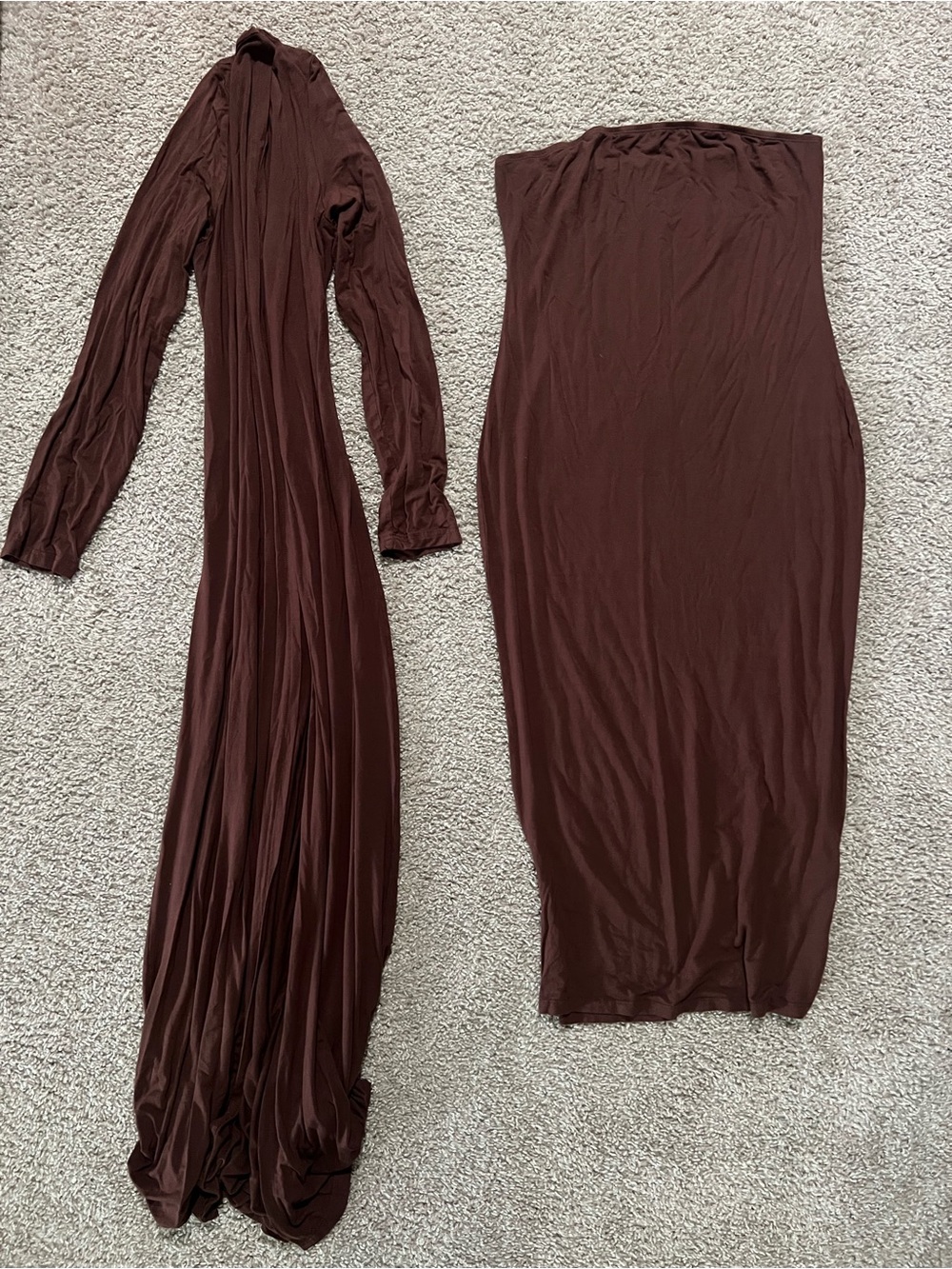 NWOT Chocolate Brown Strapless Midi Dress w/ Long Sleeve Drape Two-Piece Set